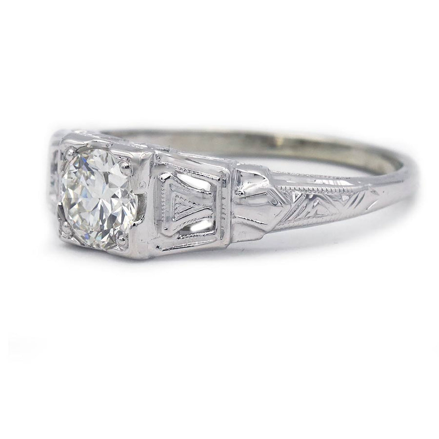 Art Deco .65 CT Old European Cut Diamond Solitaire Engagement Ring | 18K White Gold