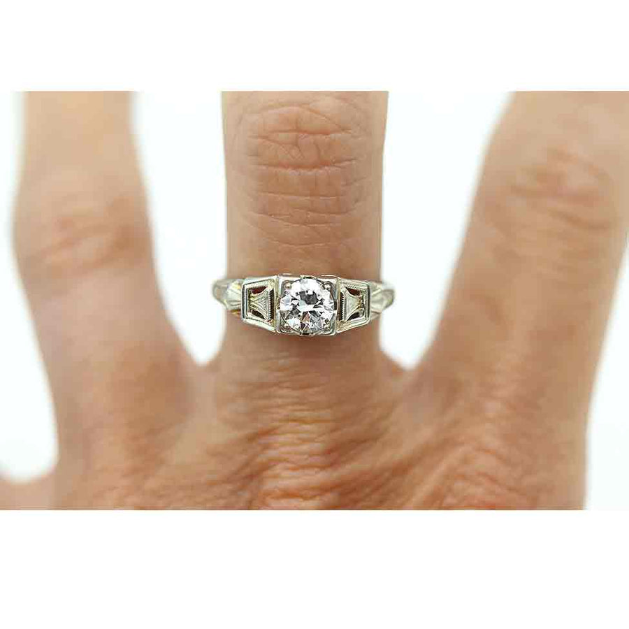 Art Deco .65 CTW 18 Karat White Gold European Cut Diamond Solitaire Antique Engagement Ring