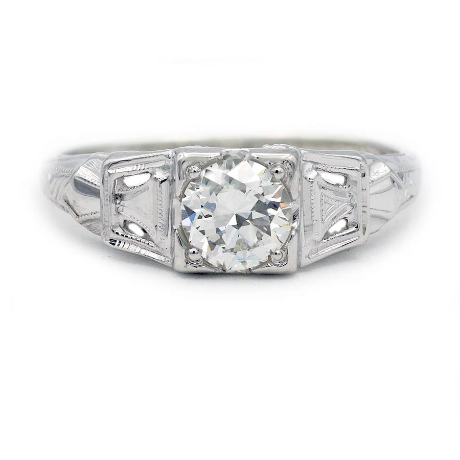 Art Deco .65 CT Old European Cut Diamond Solitaire Engagement Ring | 18K White Gold