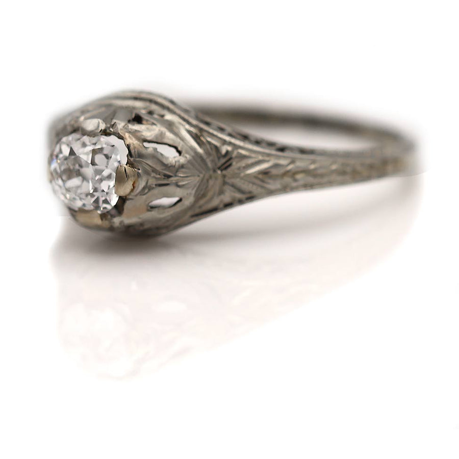 Art Deco .55 CTW Cushion Cut Diamond 18 Karat White Gold Vintage Engagement Ring