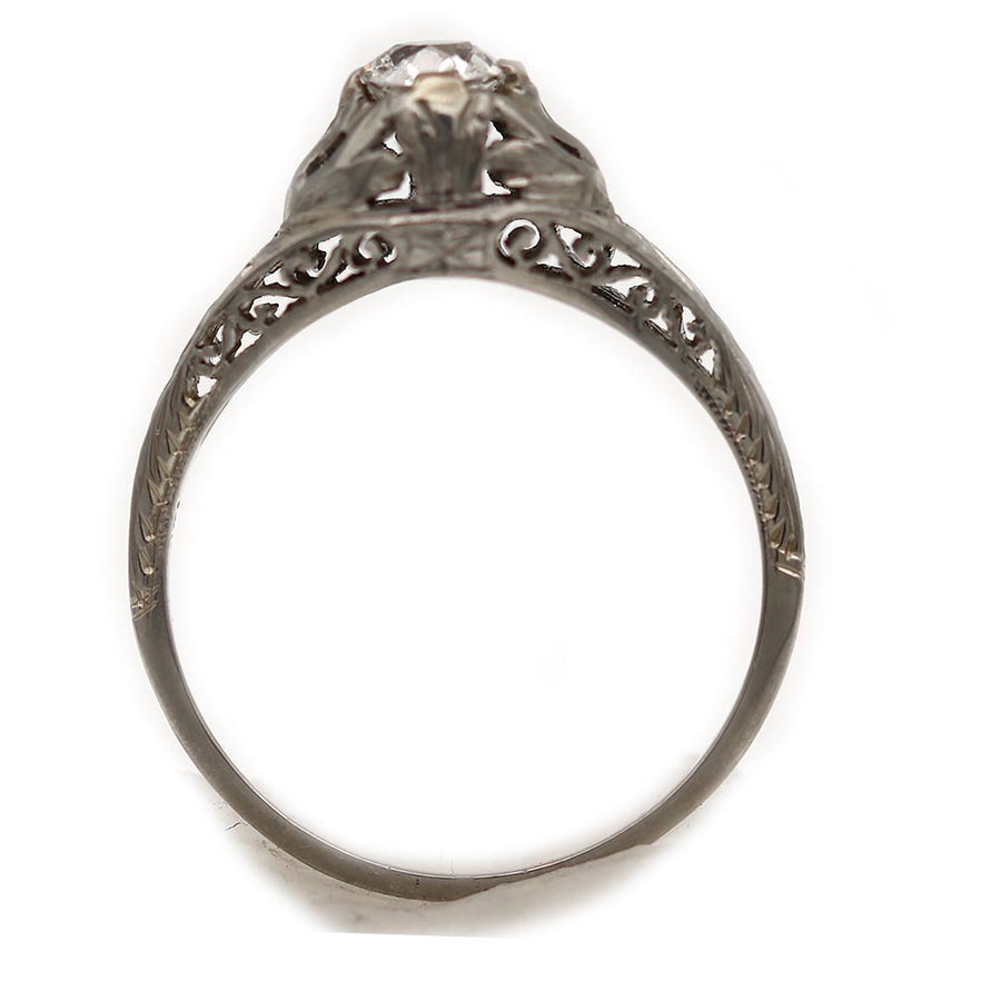 Art Deco .55 CTW Cushion Cut Diamond 18 Karat White Gold Vintage Engagement Ring