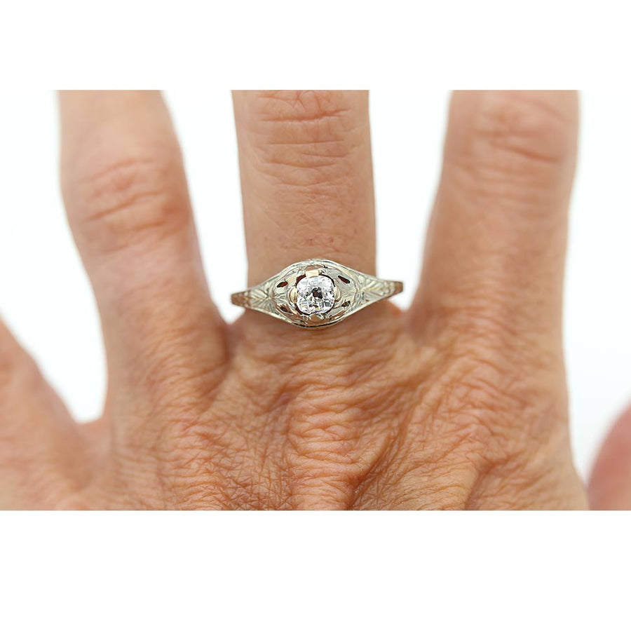 Art Deco .55 CTW Cushion Cut Diamond 18 Karat White Gold Vintage Engagement Ring