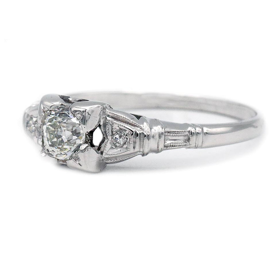 Art Deco .25 CT Old European Cut Diamond Engagement Ring | 18K White Gold