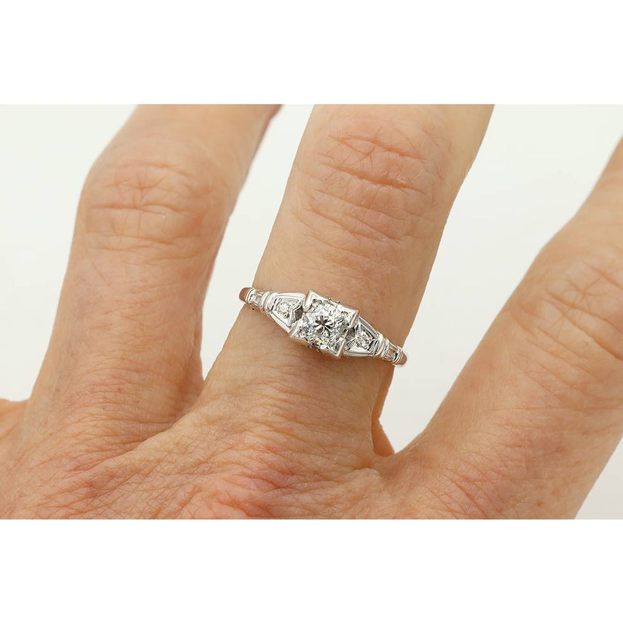 Art Deco .25 CT Old European Cut Diamond Engagement Ring | 18K White Gold