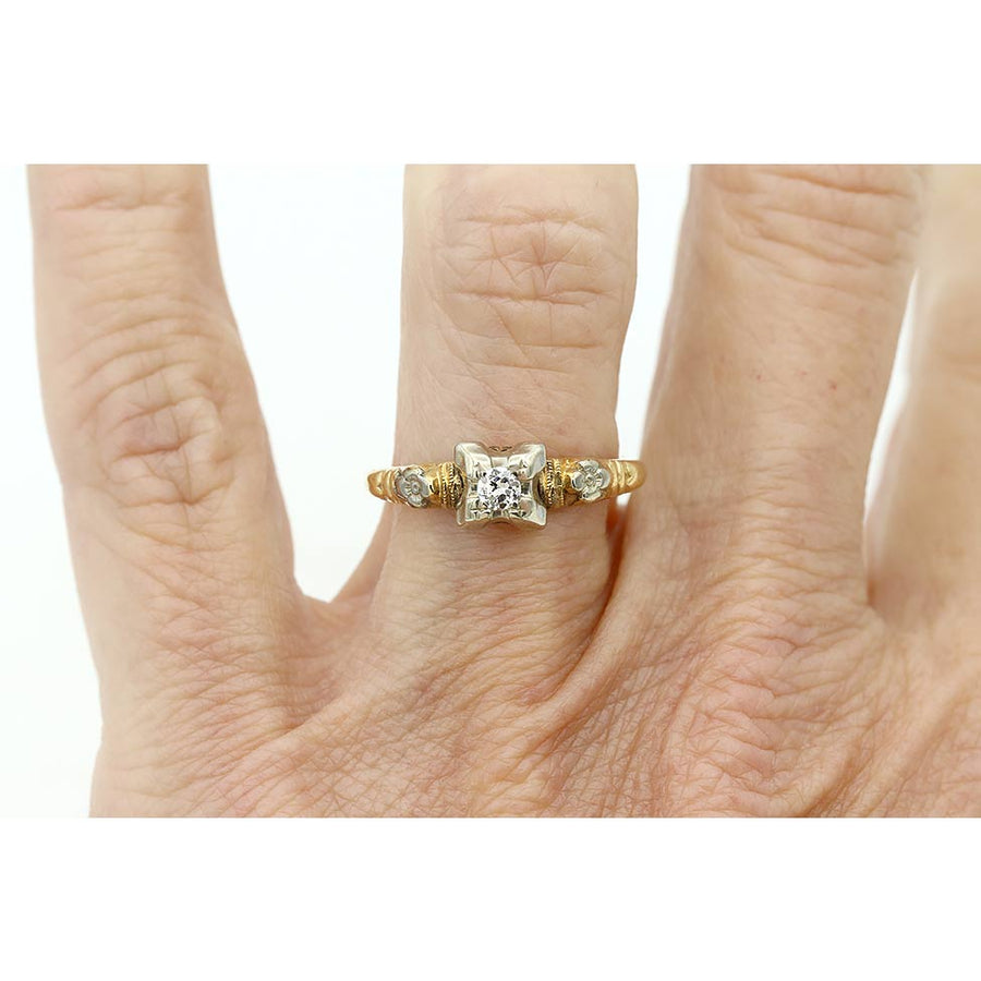 Mid-Century .15 Ct Old European Cut Diamond Floral Vintage Engagement Ring | Two-Tone Gold