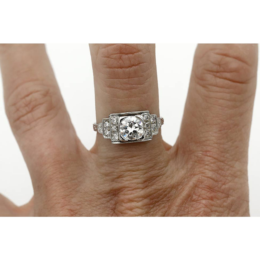 Art Deco .77 Ct Old European Cut Diamond Engagement Ring with Tiered Side Stones | GIA