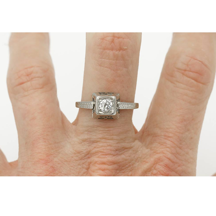 Art Deco .25 CT Old European Cut Diamond Engagement Ring | 18K White Gold H/SI1