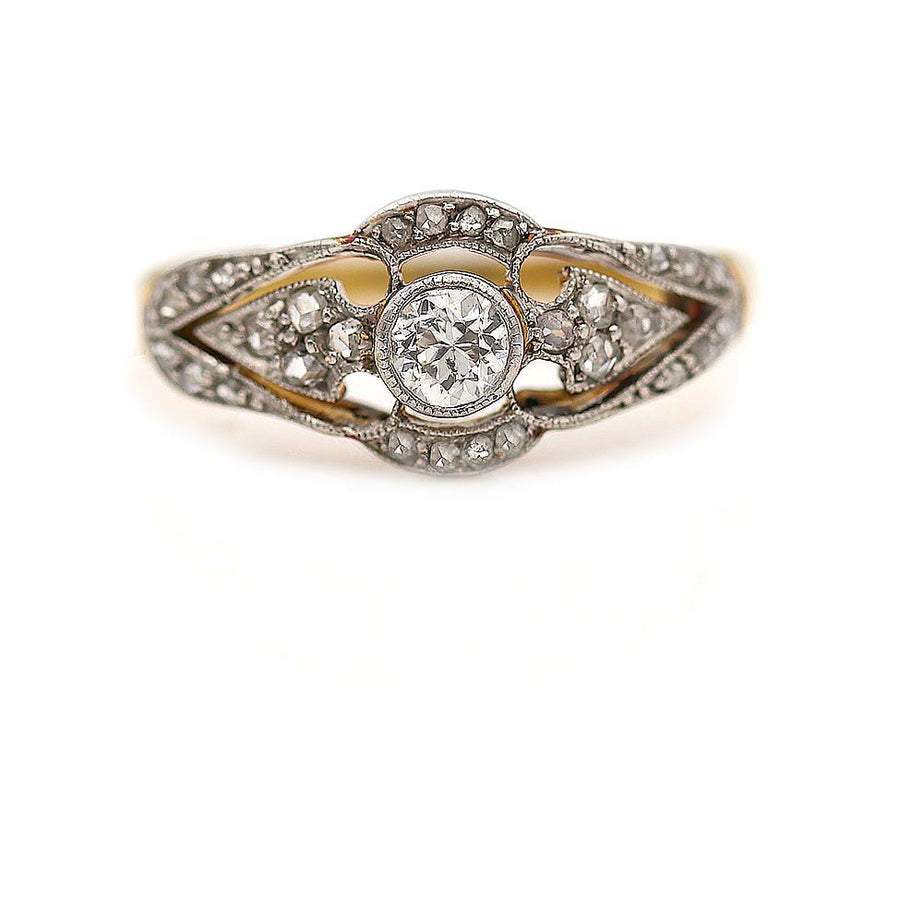Victorian .20 Ct Old European & Rose Cut Diamond Antique Engagement Ring | Platinum & 18K Gold | Circa 1920s