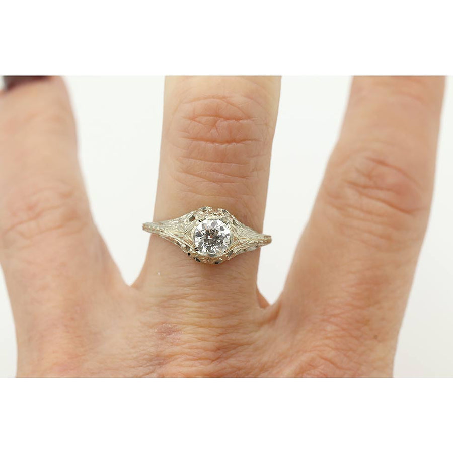 Antique .50 CTW Solitaire Art Deco Engagement Ring in 14 Kt White Gold On Hand