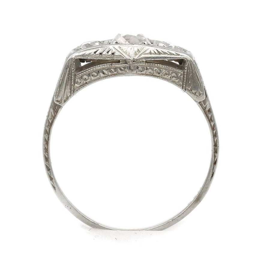 Vintage Three-Stone Old Mine Cut Diamond Engagement Ring in 18 Karat White Gold — .65 CTW