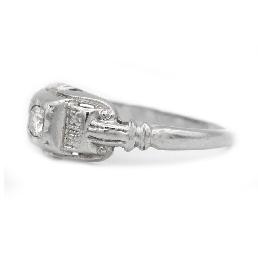 Art Deco .10 Ct Old European Cut Diamond Filigree Solitaire Engagement Ring in 14K White Gold