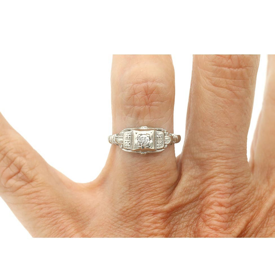 Art Deco .10 Ct Old European Cut Diamond Filigree Solitaire Engagement Ring in 14K White Gold