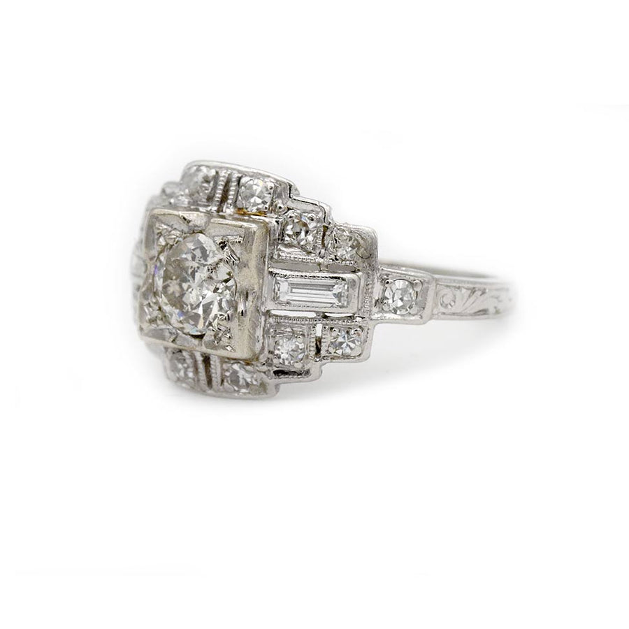 Vintage .78 CTW Halo Mid-Century Engagement Ring with Baguette Diamonds - Vintage Diamond Ring