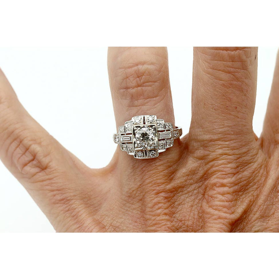 Vintage .78 CTW Halo Mid-Century Engagement Ring with Baguette Diamonds - Vintage Diamond Ring