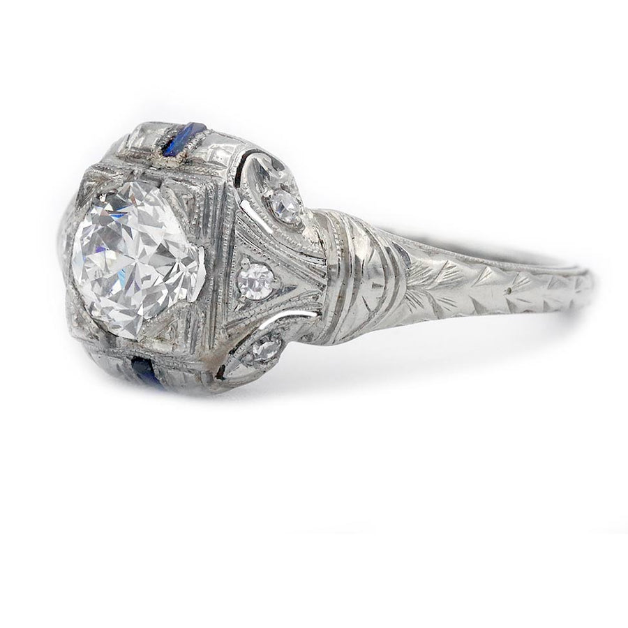 Art Deco .97 Ct Old European Cut Diamond & Sapphire Antique Engagement Ring — GIA K/VS2