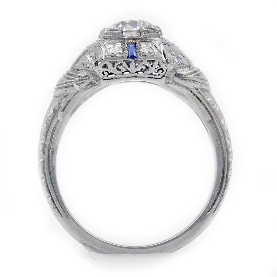 Art Deco .97 Ct Old European Cut Diamond & Sapphire Antique Engagement Ring — GIA K/VS2