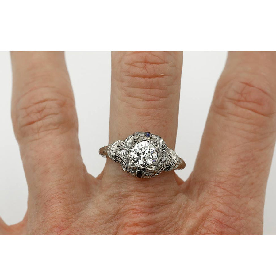 Art Deco .97 Ct Old European Cut Diamond & Sapphire Antique Engagement Ring — GIA K/VS2