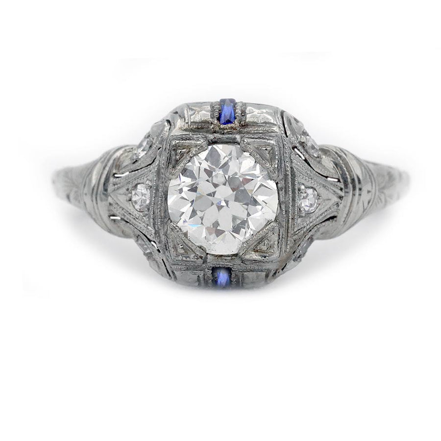Art Deco .97 Ct Old European Cut Diamond & Sapphire Antique Engagement Ring — GIA K/VS2