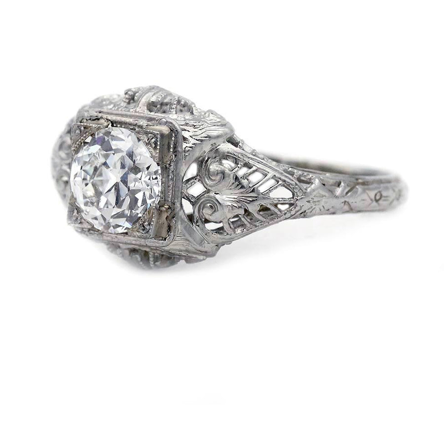 Art Deco .97 Ct Old European Cut Diamond Vintage Engagement Ring GIA H/SI2 in 18K White Gold