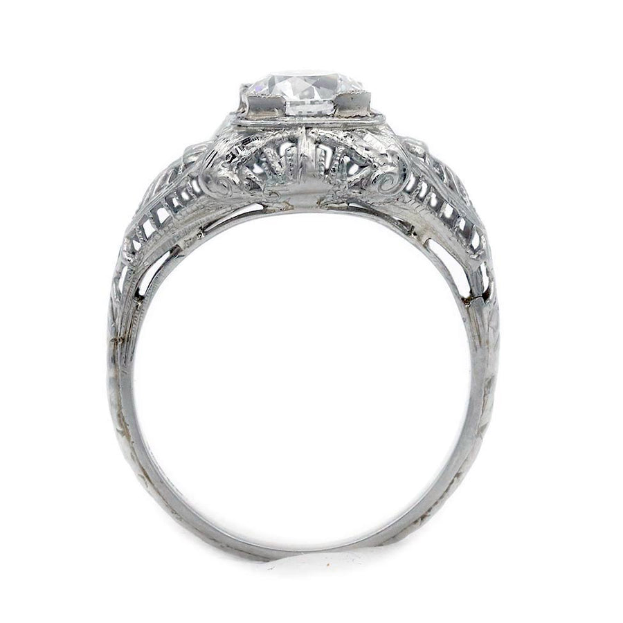Art Deco .97 Ct Old European Cut Diamond Vintage Engagement Ring GIA H/SI2 in 18K White Gold