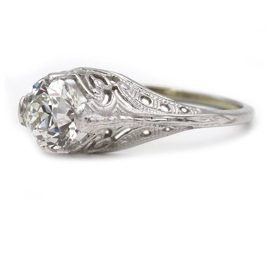 Art Deco 1.02 Ct Old European Cut Diamond 18K White Gold Solitaire Engagement Ring – GIA H/I1