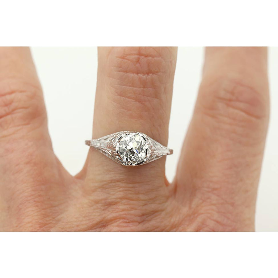 Art Deco 1.02 Ct Old European Cut Diamond 18K White Gold Solitaire Engagement Ring – GIA H/I1
