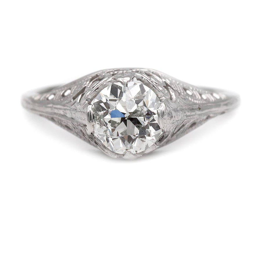 Art Deco 1.02 Ct Old European Cut Diamond 18K White Gold Solitaire Engagement Ring – GIA H/I1
