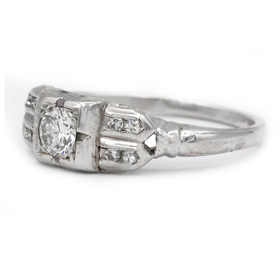 Art Deco Old European Cut Diamond Engagement Ring | .35 CTW Channel Set & Split Shank 14K White Gold Vintage Ring