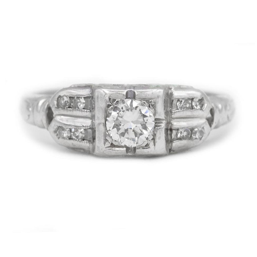Art Deco Old European Cut Diamond Engagement Ring | .35 CTW Channel Set & Split Shank 14K White Gold Vintage Ring