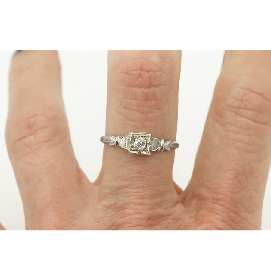Antique .10ct Old Mine Cut Diamond - 18k White Gold Art Deco Ring