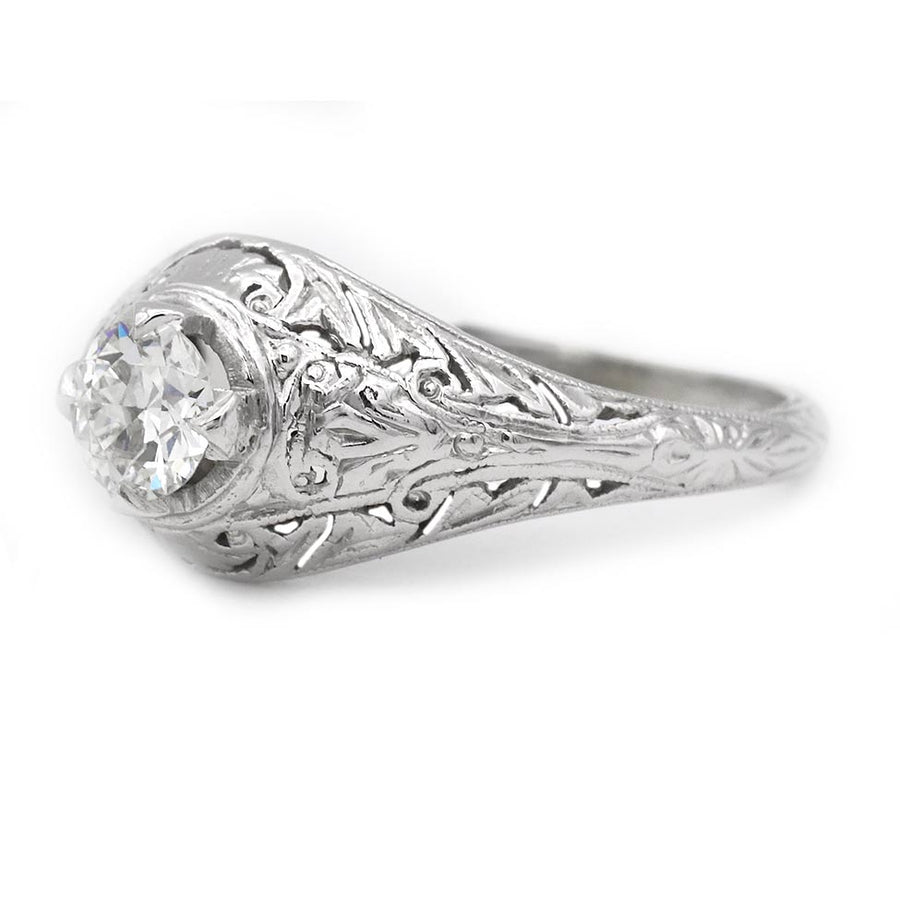 Art Deco .45 Ct Old European Cut Diamond Solitaire Vintage Engagement Ring in 19K White Gold