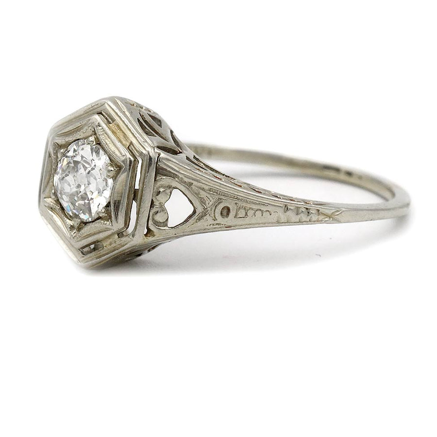 Art Nouveau .30 Ct Old Mine Cut Diamond Antique Engagement Ring with Heart Motif