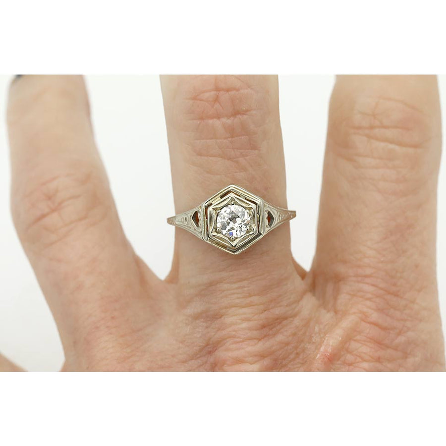 Art Nouveau .30 Ct Old Mine Cut Diamond Antique Engagement Ring with Heart Motif