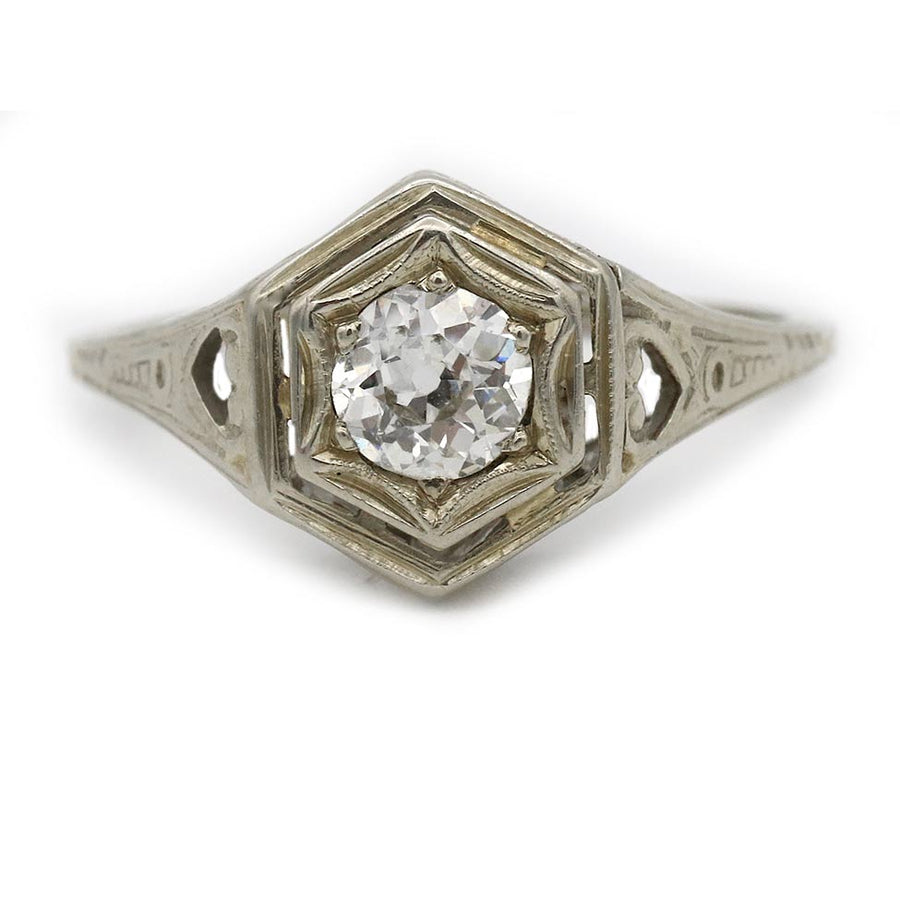 Art Nouveau .30 Ct Old Mine Cut Diamond Antique Engagement Ring with Heart Motif