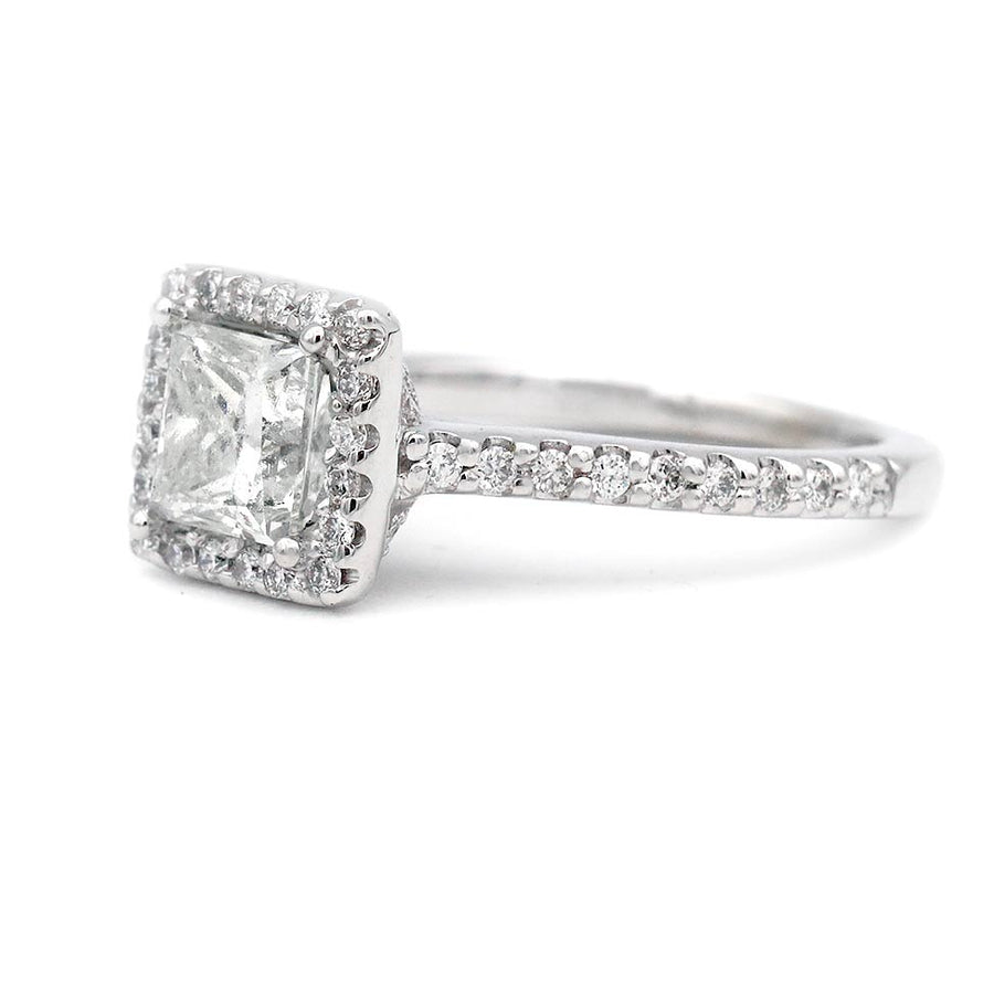 Vintage .99 Ct Princess Cut Diamond Halo Engagement Ring | GIA K/SI2 | 14K White Gold