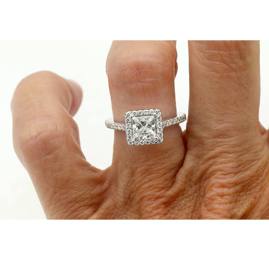 Vintage .99 Ct Princess Cut Diamond Halo Engagement Ring | GIA K/SI2 | 14K White Gold