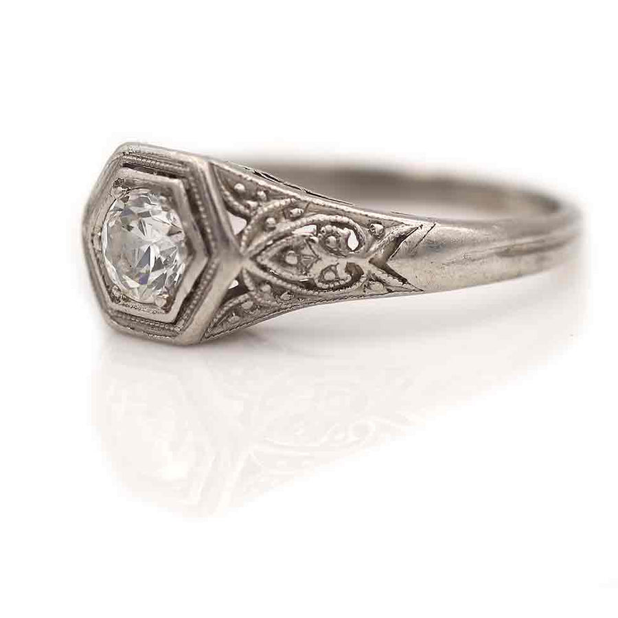 Circa 1930s Art Deco Old Mine Cut Hexagonal Solitaire Engagement Ring