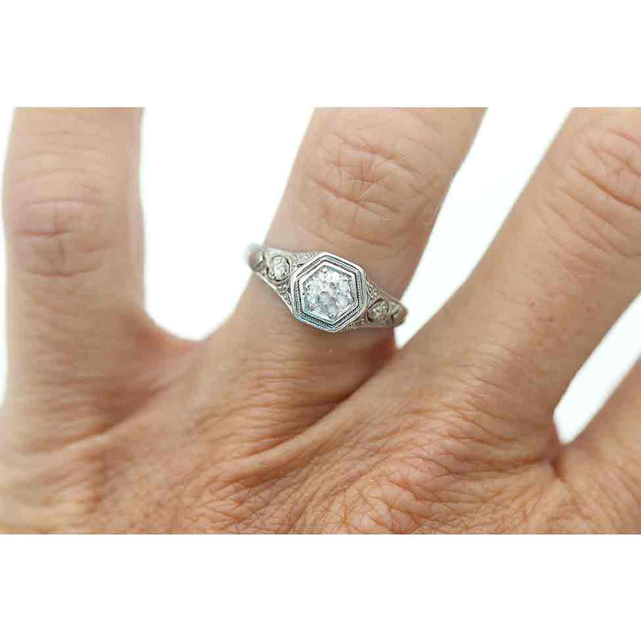 Circa 1930s Art Deco Old Mine Cut Hexagonal Solitaire Engagement Ring