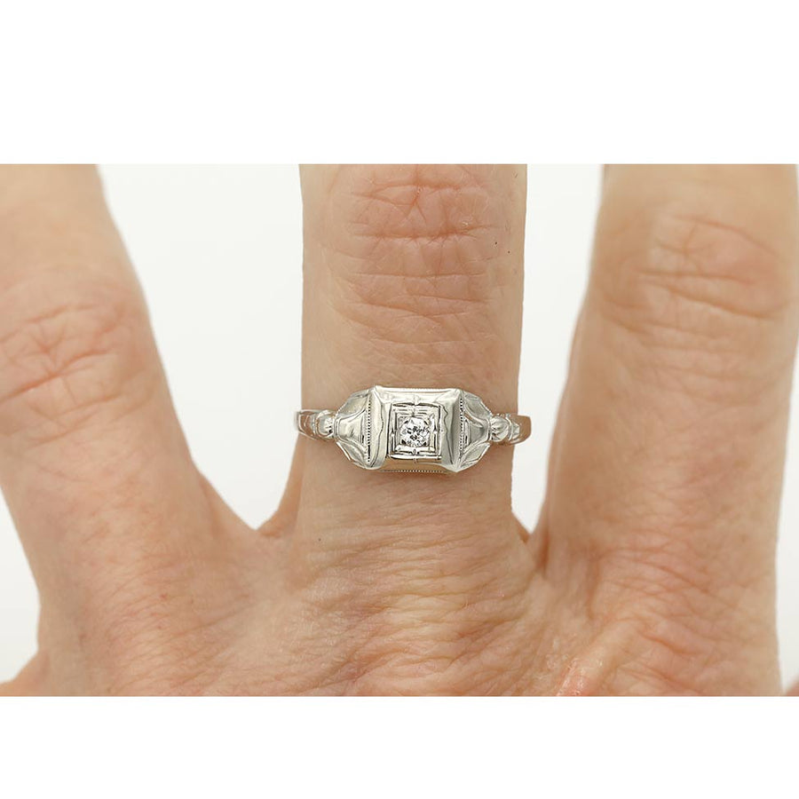 Petite Antique Old Mine Cut Diamond Engagement Ring .08 Ct 14K White Gold Square Frame Circa 1930s