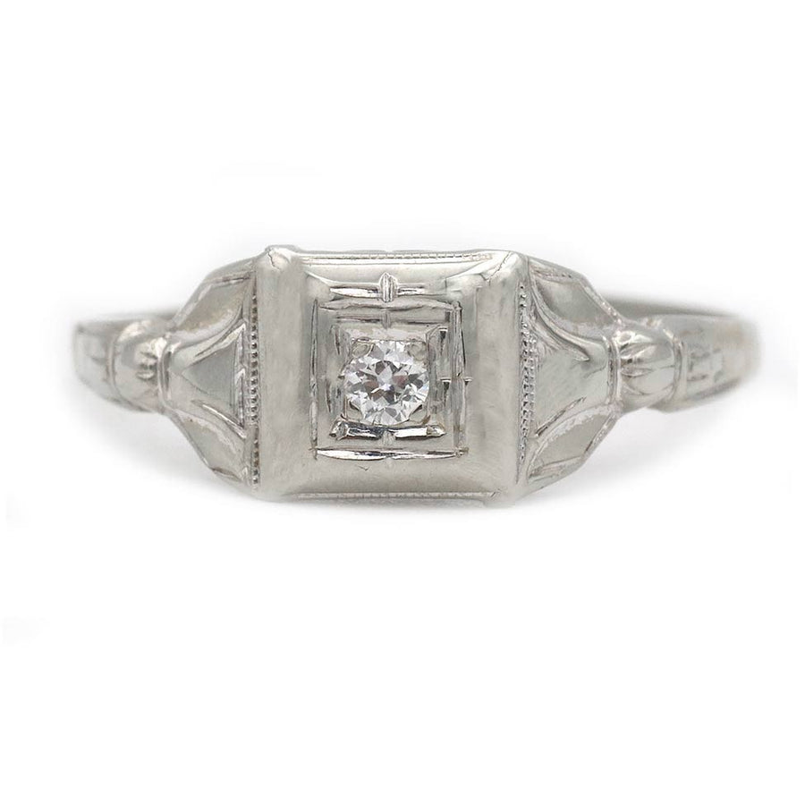 Petite Antique Old Mine Cut Diamond Engagement Ring .08 Ct 14K White Gold Square Frame Circa 1930s