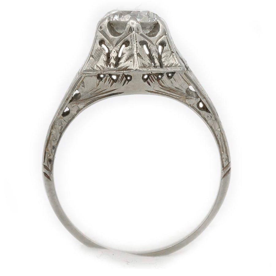 Art Deco .90 CT Old European Cut Diamond Engagement Ring | 18K White Gold H/SI2