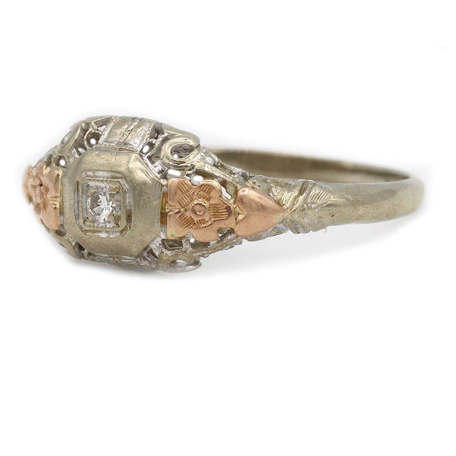 Mid-Century .05ct Diamond Two-Tone Floral Ring | F VS2 10k White & Rose Gold Octagon