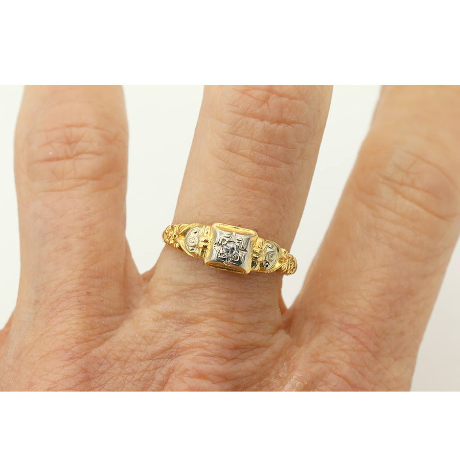 Vintage Diamond Engagement Ring .05ct Mine Cut 14K Two Tone Petite Ring
