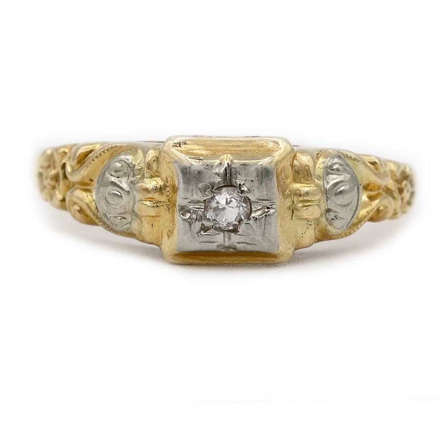 Vintage Diamond Engagement Ring .05ct Mine Cut 14K Two Tone Petite Ring