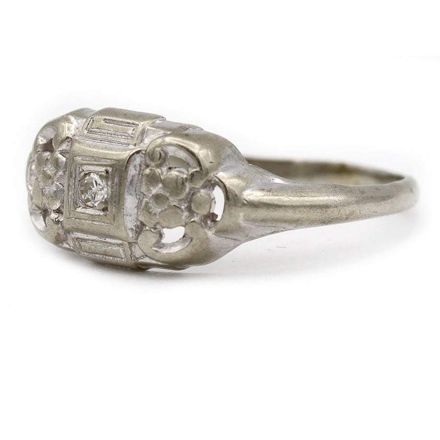 Vintage .05 Ct Single Cut Diamond Floral Engagement Ring in 14K White Gold