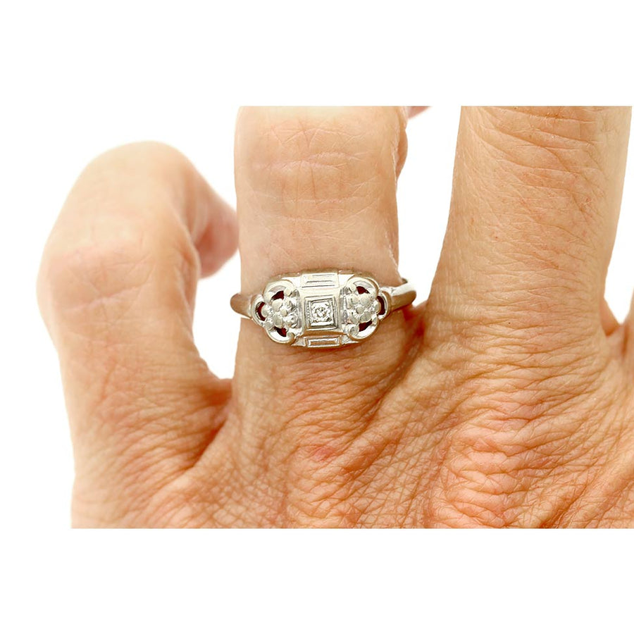 Vintage .05 Ct Single Cut Diamond Floral Engagement Ring in 14K White Gold