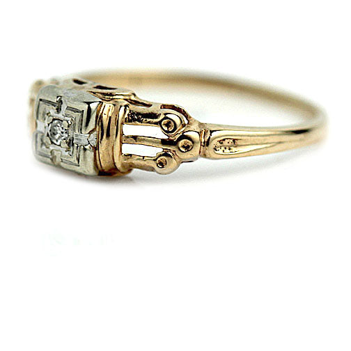 Mid-Century .05 CTW 1940s Two-Tone Diamond Engagement Ring | 14k White & Rosy Gold Split Shank