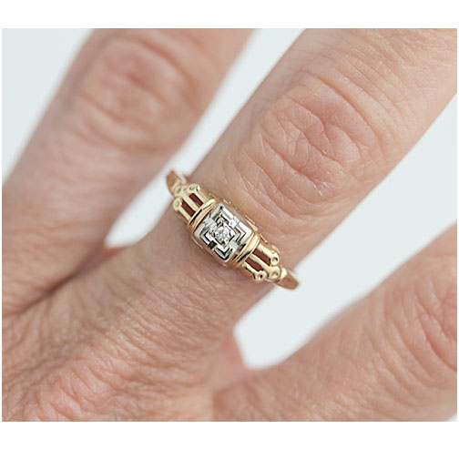 Mid-Century .05 CTW 1940s Two-Tone Diamond Engagement Ring | 14k White & Rosy Gold Split Shank