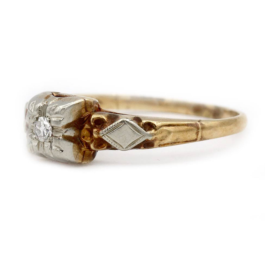 Vintage 1940s Two-Tone .05ct Diamond Solitaire | 14k White & Rosy Gold Filigree Engagement Ring