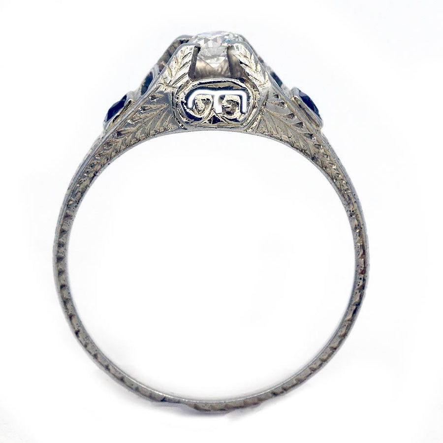 Art Deco .30 CTW Old European Cut Diamond & Sapphire Antique Engagement Ring in 14 Kt White Gold